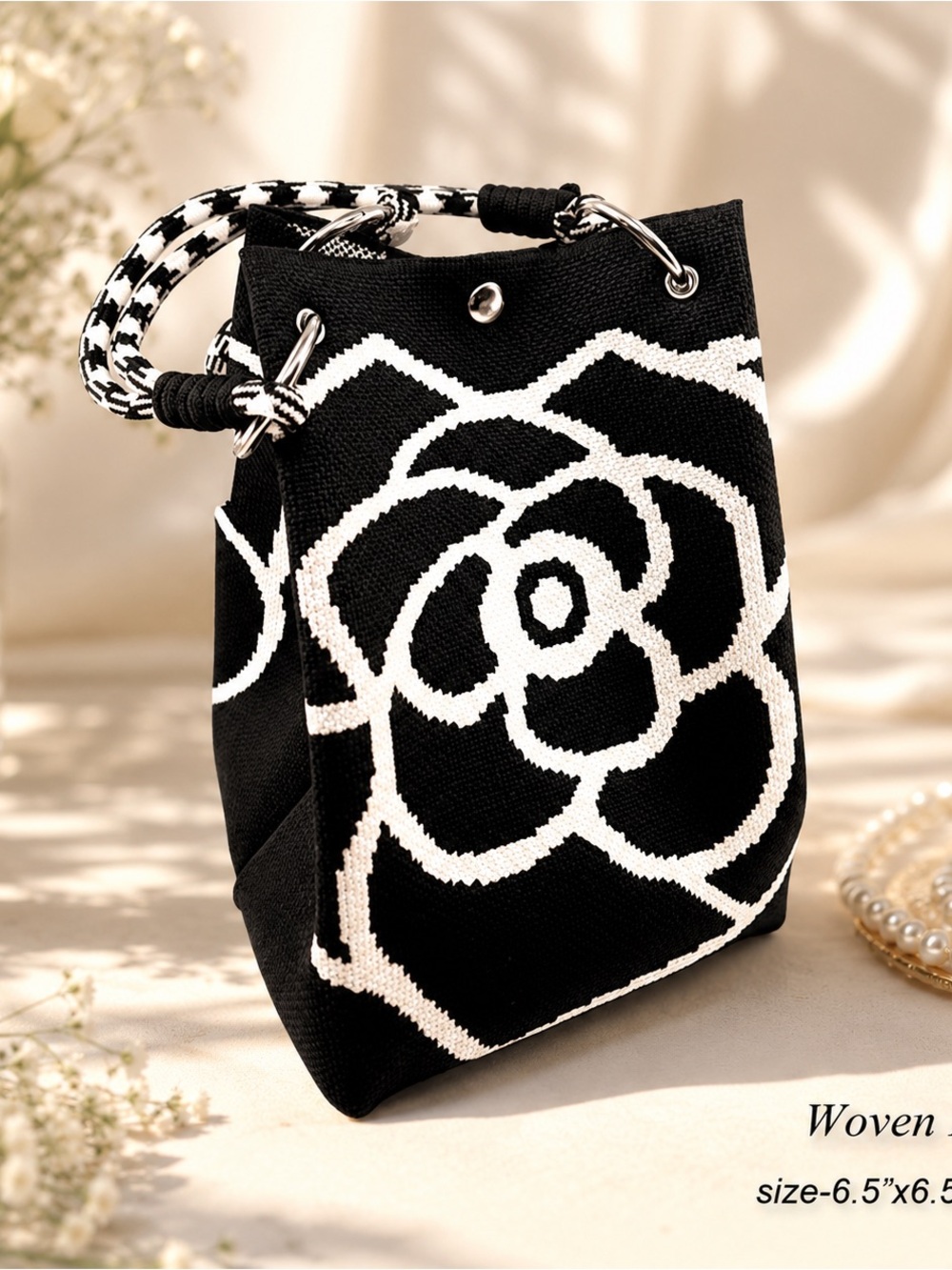 Classic Black & White Floral Tote Bag - Unbranded